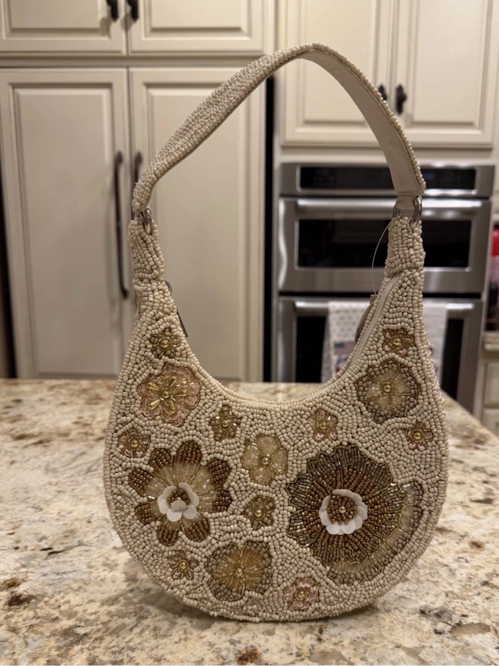 Hand beaded in India Beaded Floral Crescent Shoulder Bag - Ivory